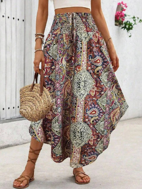Damen Boho Maxi Rock mit Print Hoher Bund Strandrock