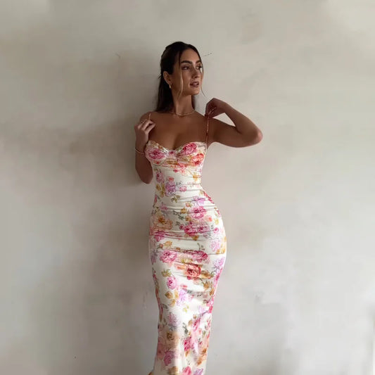 Damen Blumen Spaghetti-Träger Mini-Kleid mit Schlitz