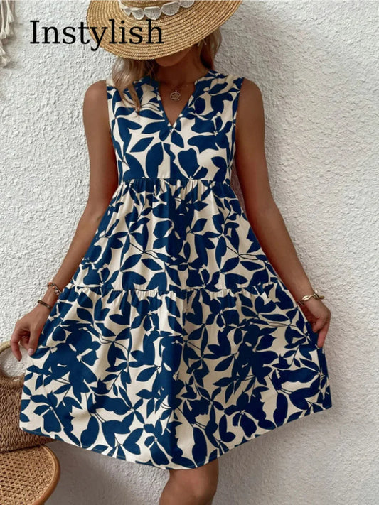Damen Boho-Kleid mit Print, ärmellos, V-Ausschnitt