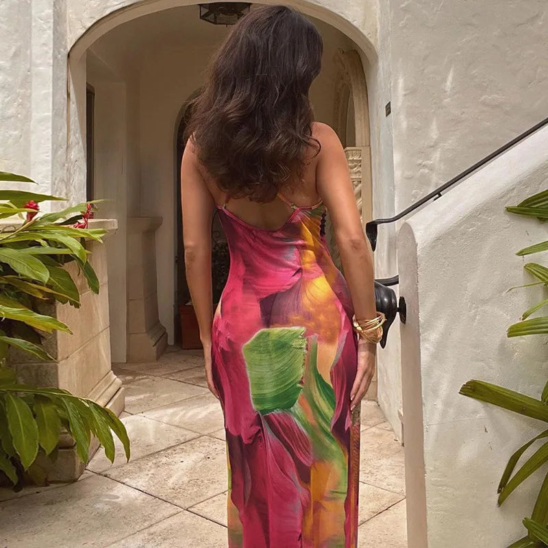 Damen Tie-Dye Blumen Chiffonkleid Rückenfrei Spitze