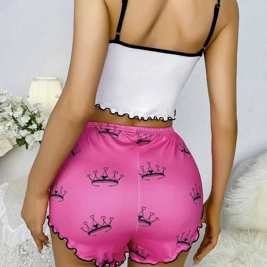 Damen Milchseide Bedrucktes Tanktop & Shorts Homewear-Set