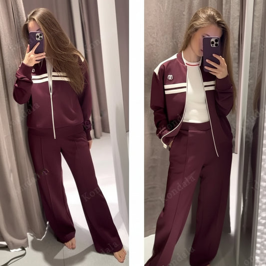 Vintage Damen Jacken-Set – Stehkragen Reißverschluss-Jacke & Elastische Hose Herbst/Frühling