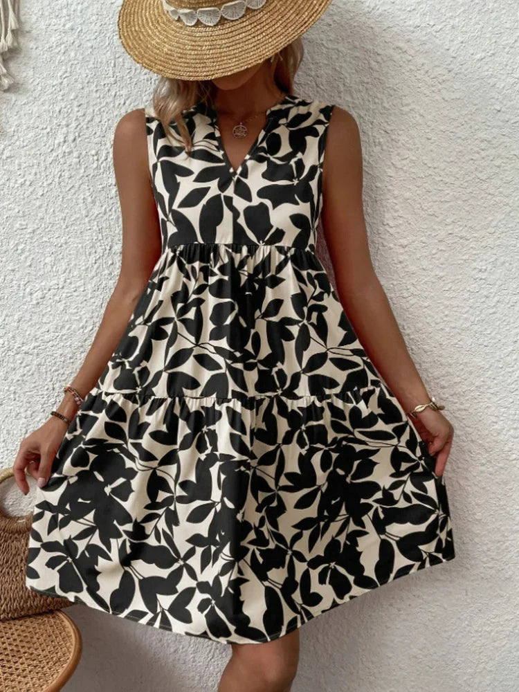 Damen Boho-Kleid mit Print, ärmellos, V-Ausschnitt