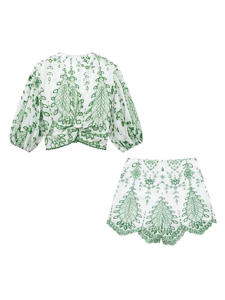 Besticktes Sommer-Set Damen – Kurze Bluse & Shorts mit Stickerei