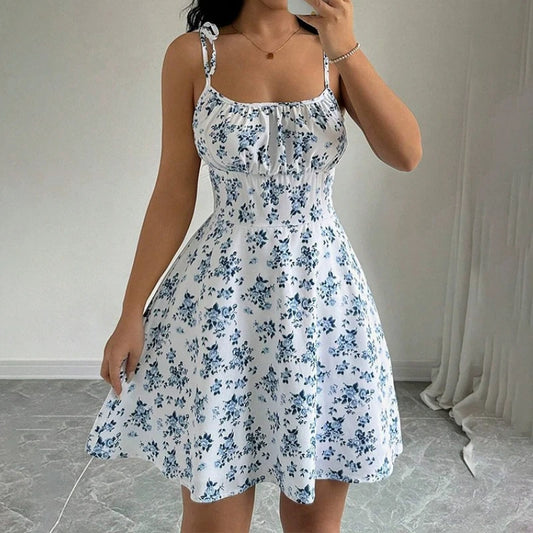 Blumen Strandkleid Damen – Kurzes Sommerkleid mit Spaghettiträgern