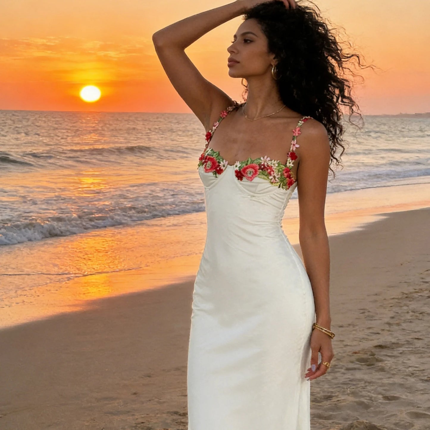 Damen Satin Bodycon Kleid mit Blumenstickerei