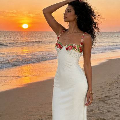 Damen Satin Bodycon Kleid mit Blumenstickerei