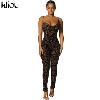 Damen Samt Mesh Jumpsuit Leopard Patchwork Bodycon Club