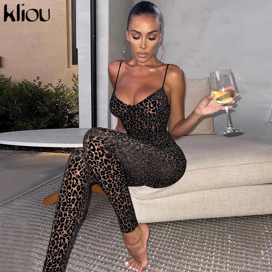 Damen Samt Mesh Jumpsuit Leopard Patchwork Bodycon Club