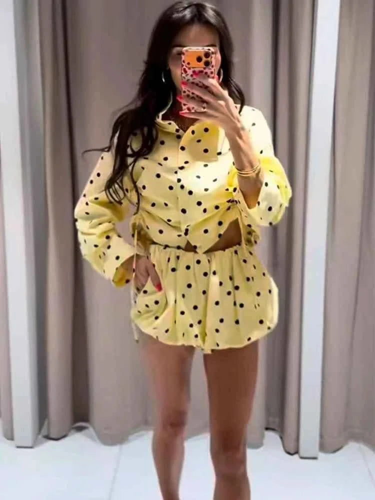 TFMLN Women Trendy Balloon Shorts Set Fashion Pleated Dot Print Short Jacket Mini Shorts New Spring Summer Holiday Streetwear