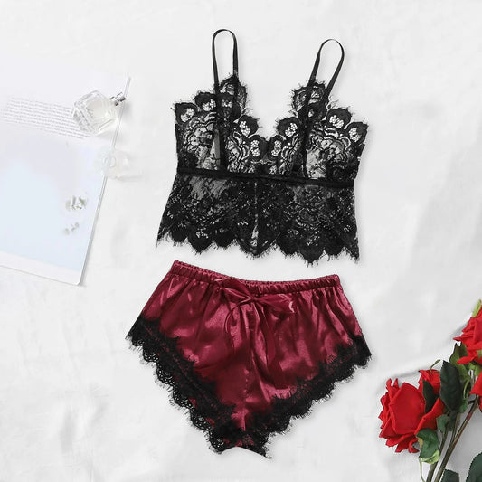 Damen Spitzen-Trägertop & Shorts Dessous-Schlafanzug-Set