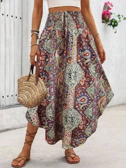 Damen Boho Maxi Rock mit Print Hoher Bund Strandrock