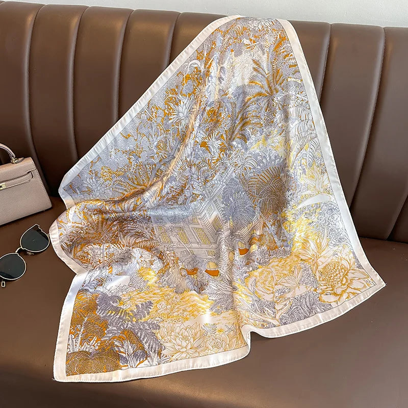 Boho Satin Seidentuch Damen – Quadratisches Kopftuch mit Blumen & Tropenmuster