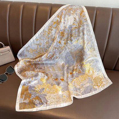 Boho Satin Seidentuch Damen – Quadratisches Kopftuch mit Blumen & Tropenmuster