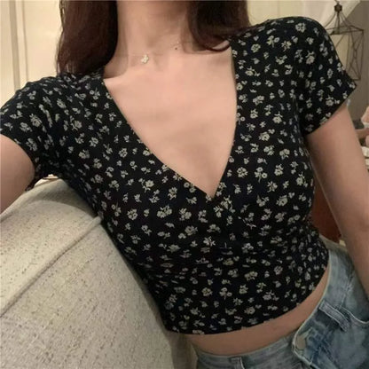 Blumen-Print-T-Shirt Damen – V-Ausschnitt Kurzarm Slim Fit Retro Sommer