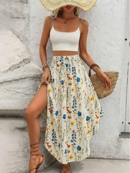 Damen Boho Maxi Rock mit Print Hoher Bund Strandrock