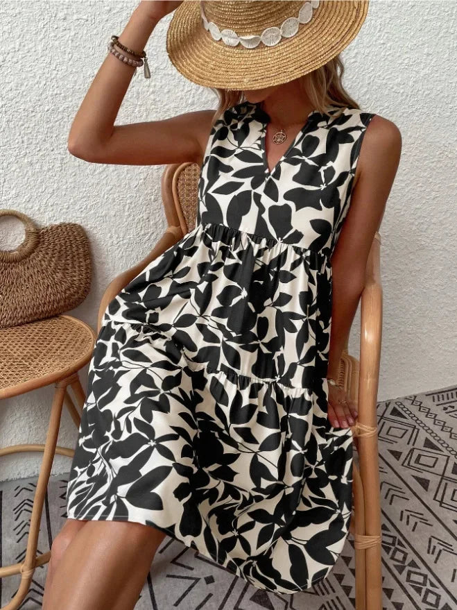 Damen Boho-Kleid mit Print, ärmellos, V-Ausschnitt