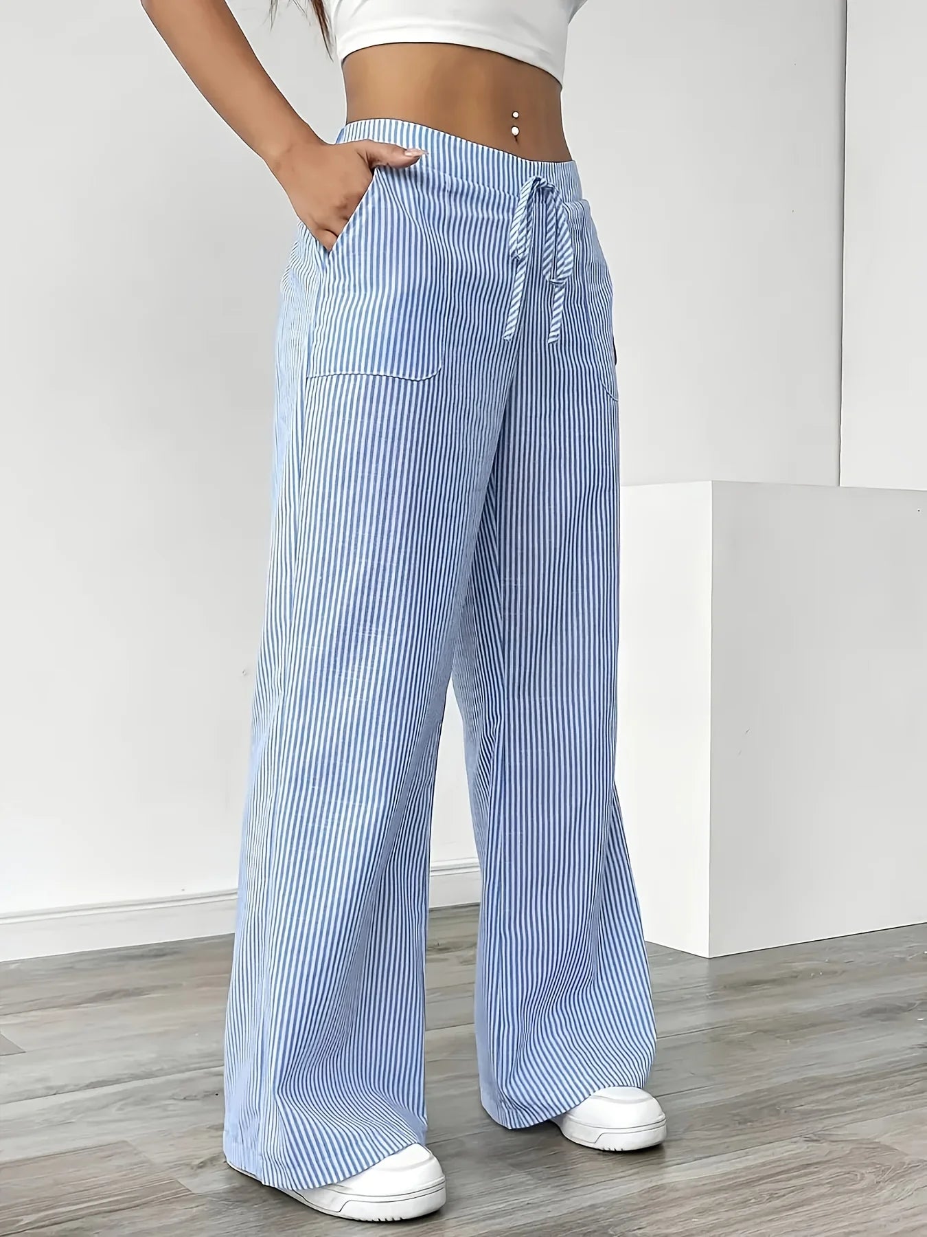 Gestreifte Casualhose Damen Blau – Taschen Sportlich Entspannt Alltag