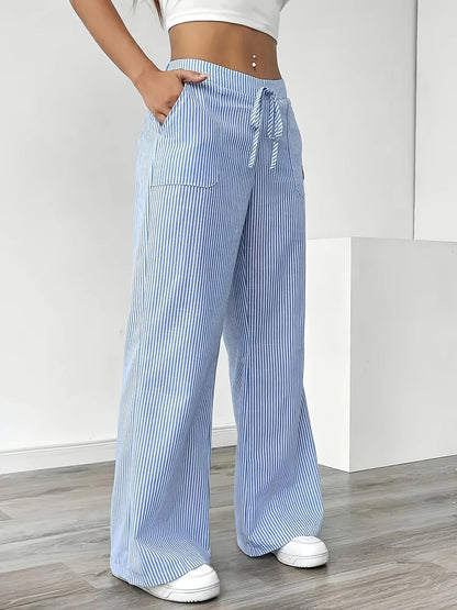 Gestreifte Casualhose Damen Blau – Taschen Sportlich Entspannt Alltag