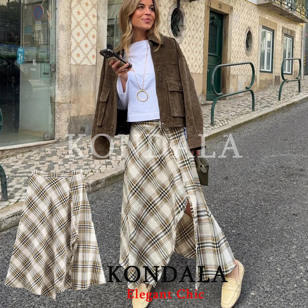 Asymmetrischer Karo Midi-Rock mit Schlitz – Trendiger Streetwear-Look