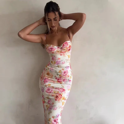 Damen Blumen Spaghetti-Träger Mini-Kleid mit Schlitz