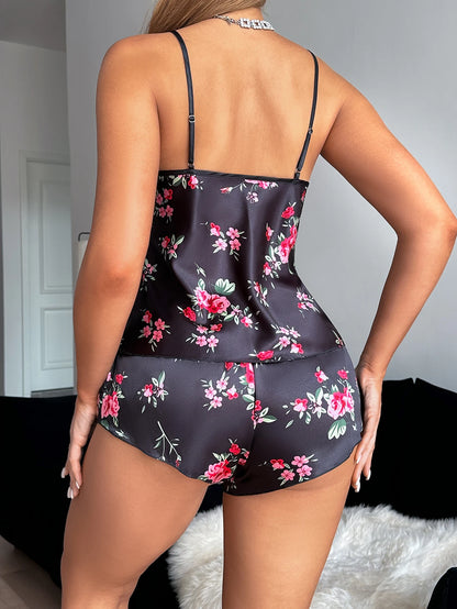 Women's Lace V-Neck Halter Shorts Pajama Set 2-Piece