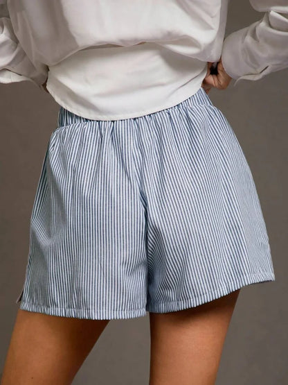 Gestreifte Loose-Shorts Damen – Elastischer Bund mit Taschen & Seitenschlitz
