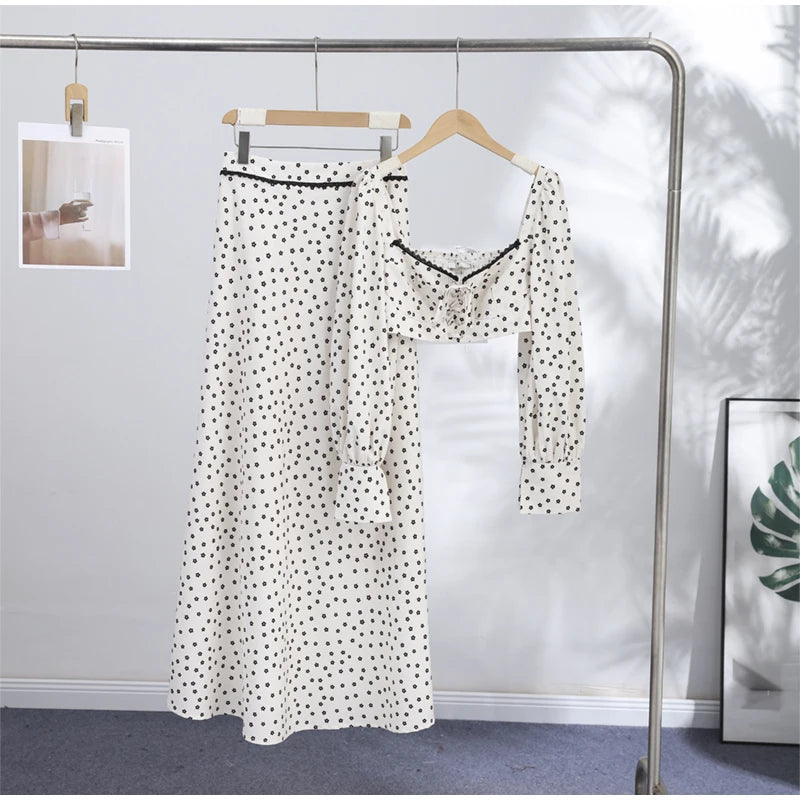 Polka-Dot-Set Damen – Laternenhülsen-Top & Trompetenrock Elegant Sommer