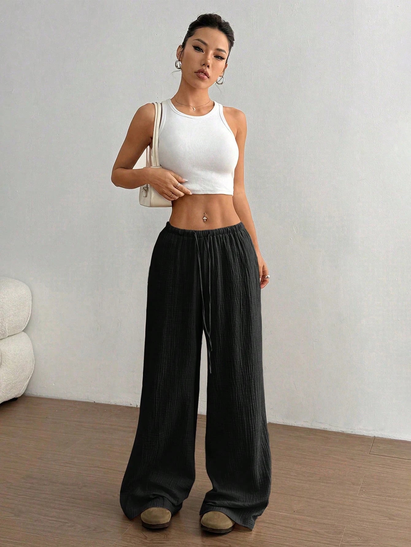 Lässige Straight-Leg Hose Damen – Kordelzug Elastischer Bund Streetwear