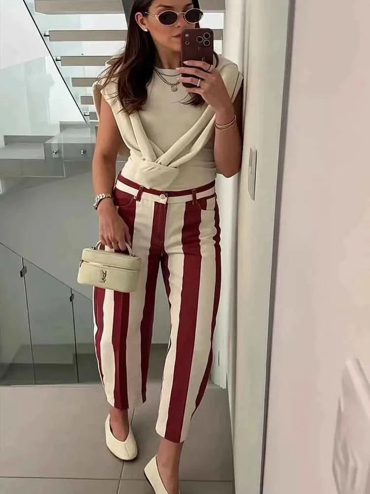 TFMLN Woman Striped Curved Knife Jeans High Waist Contrast Color Loose Casual Zipper Long Pants Street Chic New Trousers