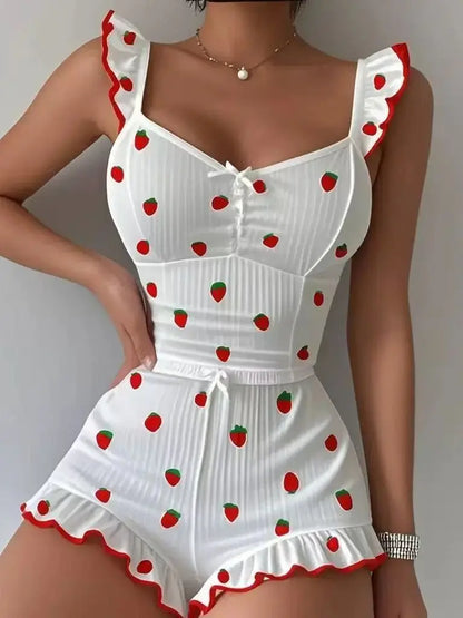 Damen Schlafanzug-Set mit Erdbeer-Print, Rüschen-Cami-Top und Shorts