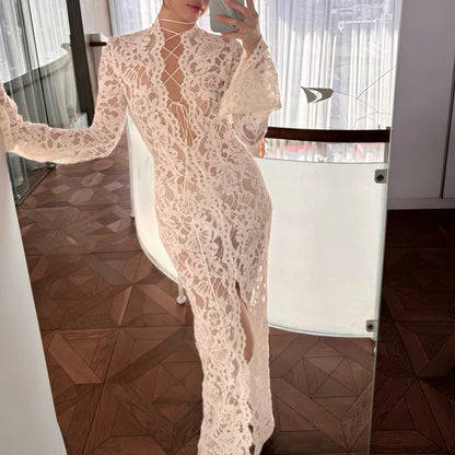Damen Transparentes Spitzen Maxi Kleid mit Schlitz