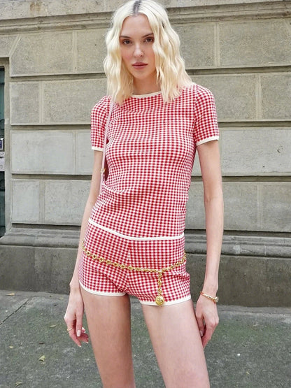 Damen Kariertes 2-teiliges Set T-Shirt & Mini Shorts Streetwear