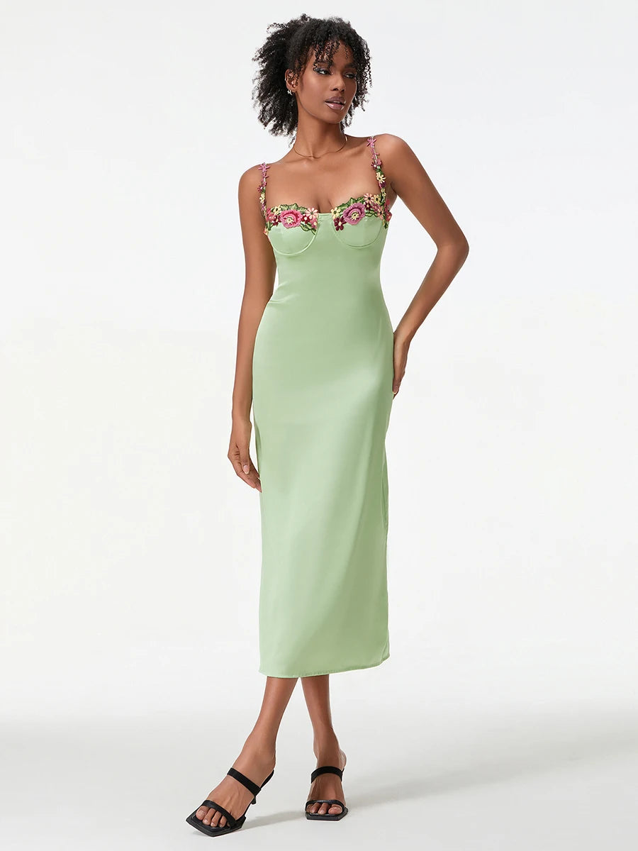 Damen Satin Bodycon Kleid mit Blumenstickerei