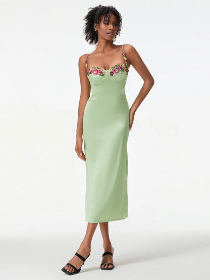 Damen Satin Bodycon Kleid mit Blumenstickerei