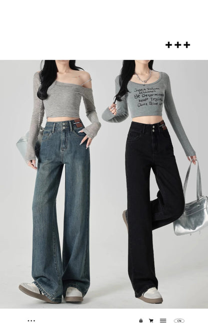 Wide-Leg-Jeans Damen – High-Waist Straight Leg Casual Kontrastfarben