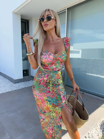 Blumen-Rüschen-Midikleid Damen – Eckiger Ausschnitt Seitenschlitz Boho Sommer