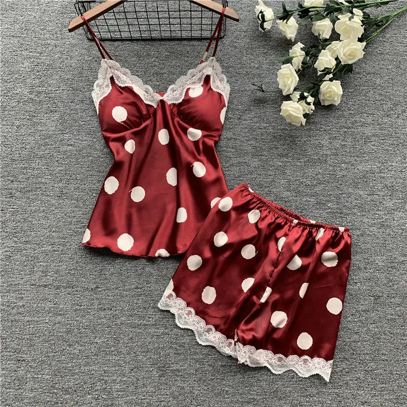 Damen Polka Dot Satin Cami Shorts Set mit Polsterung