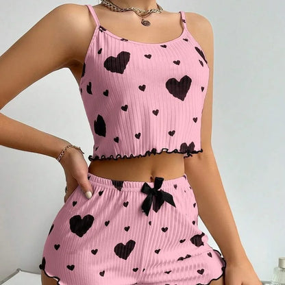 Damen Herzdruck Rippstrick Cami Top & Rüschen Shorts Schlafanzug
