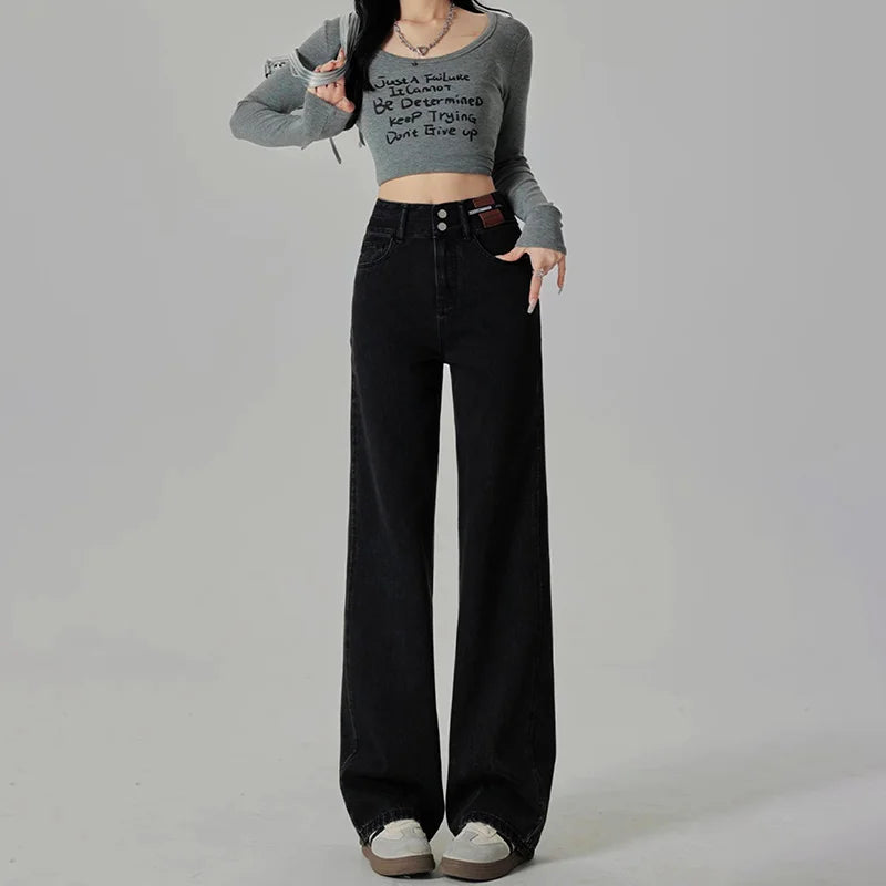 Wide-Leg-Jeans Damen – High-Waist Straight Leg Casual Kontrastfarben