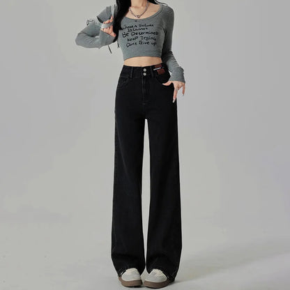 Wide-Leg-Jeans Damen – High-Waist Straight Leg Casual Kontrastfarben