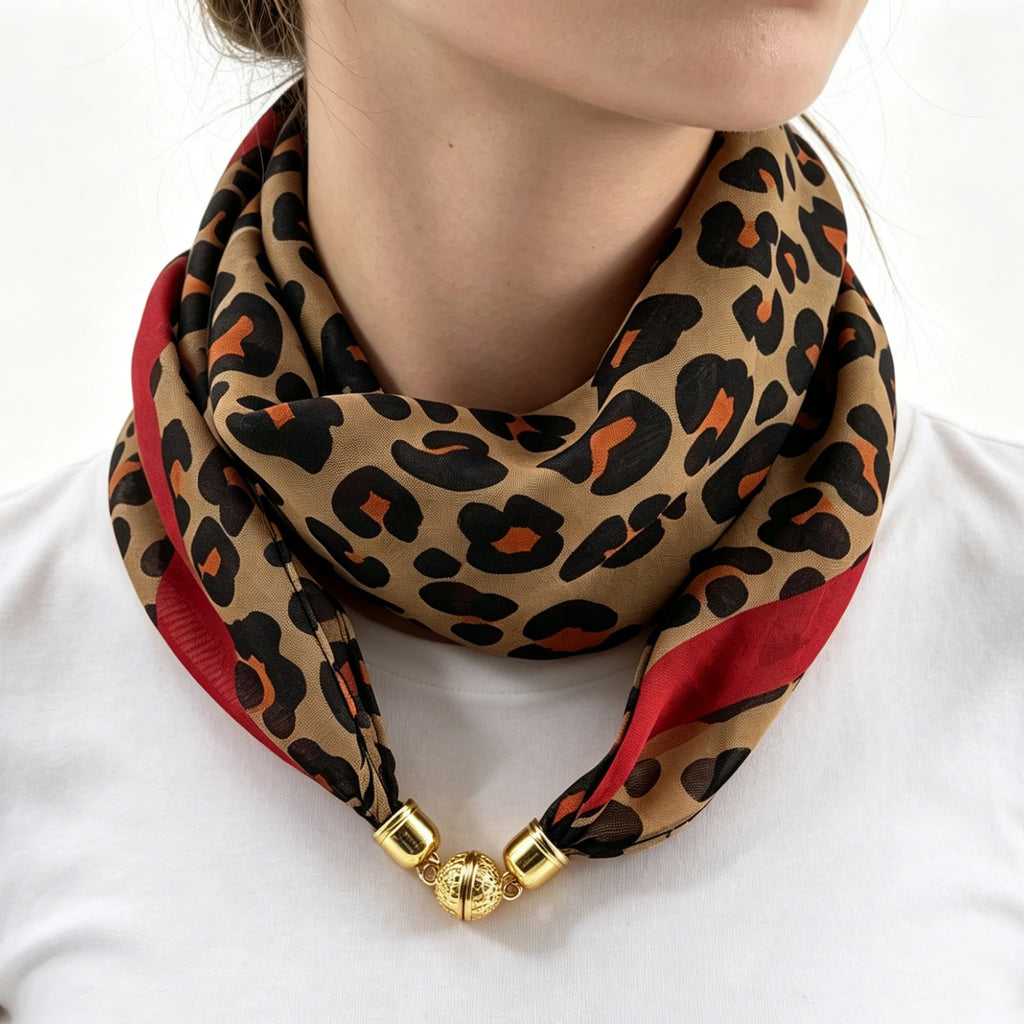 Leo-Print Chiffon-Halstuch mit Magnetverschluss - JWANOFFIZIELL