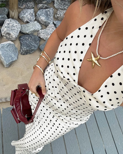 Damen Polka Dot Neckholder Maxi Kleid Rückenfreie Schnürung