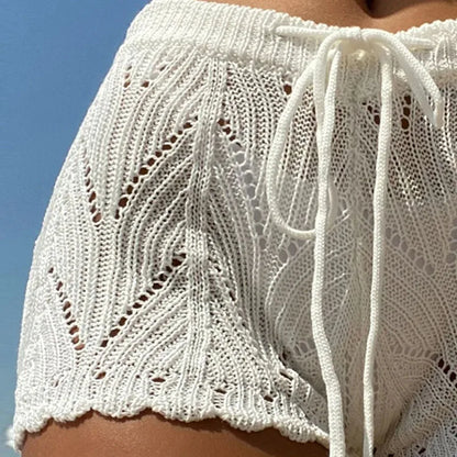 Damen Strick-Bikini-Shorts mit Lochmuster, einfarbig