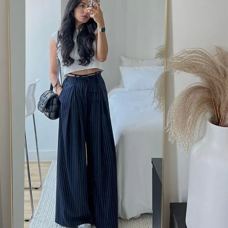 Damen weite Oversize-Hose, gestreift, elegant, Büro