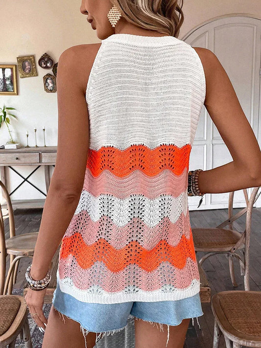 Damen Strickweste mit Kontrastfarben und Rundhals, Hohlmuster