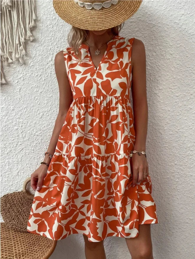 Damen Boho-Kleid mit Print, ärmellos, V-Ausschnitt
