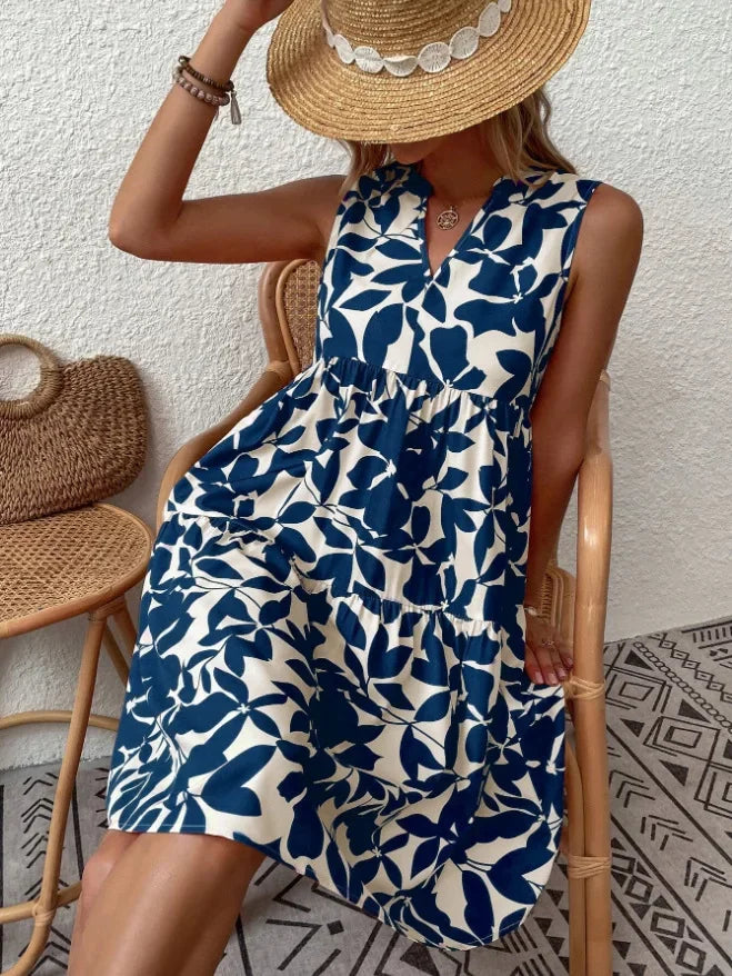 Damen Boho-Kleid mit Print, ärmellos, V-Ausschnitt