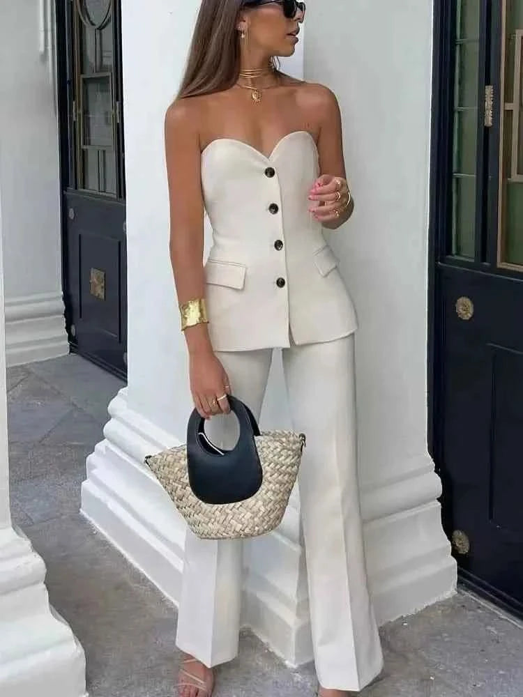 HH Women Elegant Solid Pant Suit Front Button Strapless Sexy Tank Tops + Side Slit Trouser Female Fashion Streetwear Sets