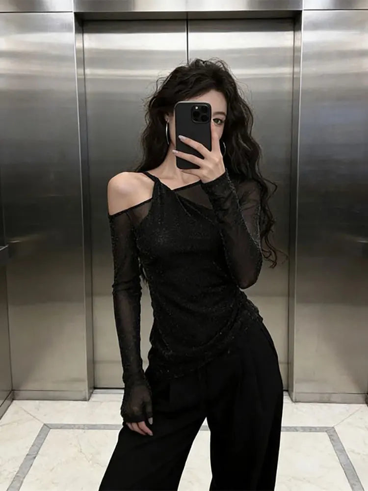 Pailletten Mesh-Top Off-Shoulder Layered - JWANOFFIZIELL